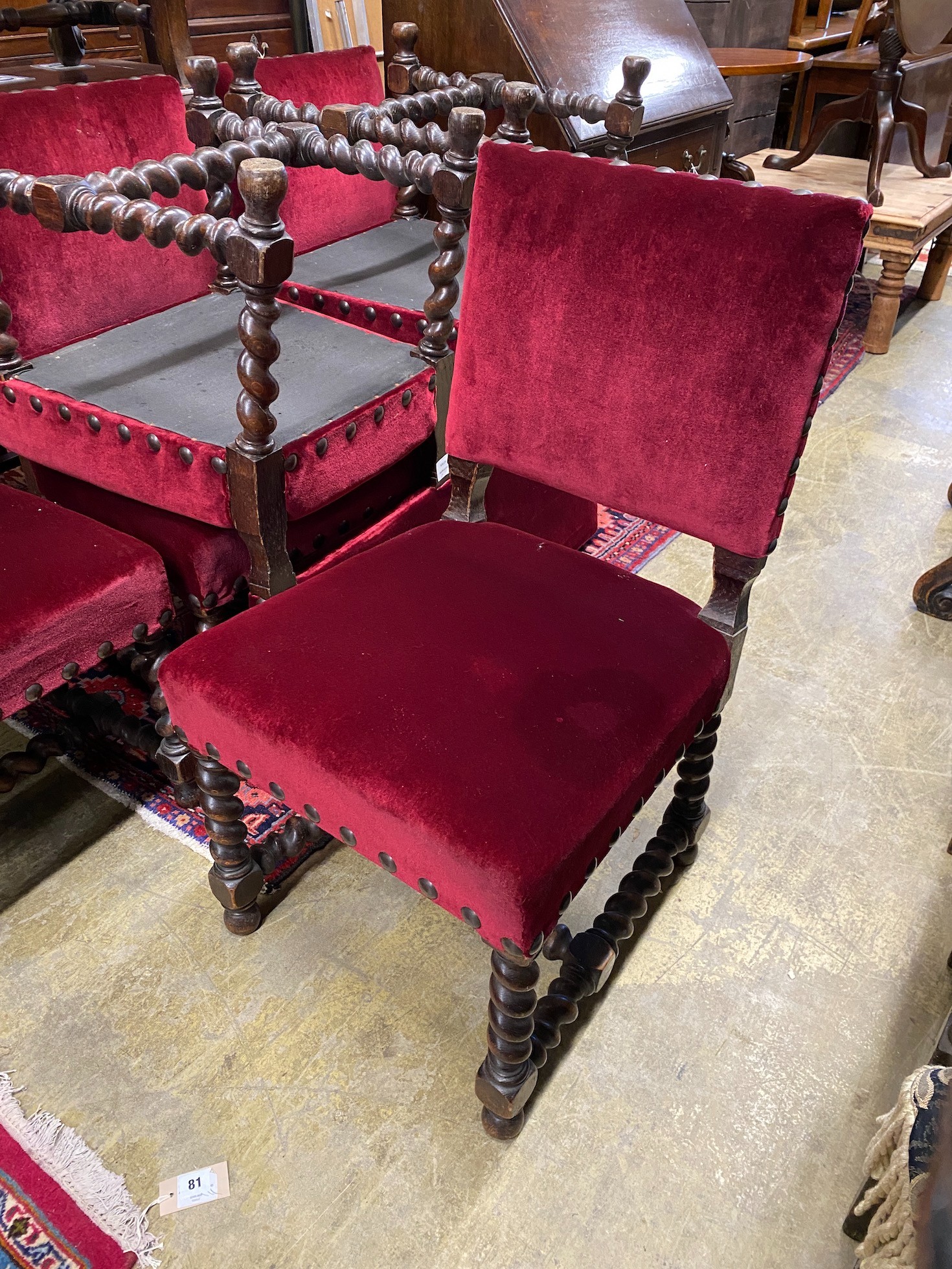 A set of six Cromwellian style oak barley twist chairs, width 42cm, depth 47cm, height 90cm